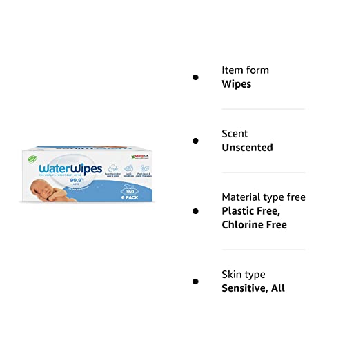 WaterWipes Plastic-Free Original Baby Wipes, 360 Count (6 packs), 99.9% Water Based Wipes, Unscented for Sensitive Skin