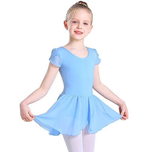 Monbessi Ballet Leotard for Girls Short Sleeve Cross Straps Ballet Dress Kids Cotton Ballet Outfit Gymnastics Leotard with Chiffon Skirt Suit for 2-11 Years (150 (140-150cm,9-11 Years), Blue)