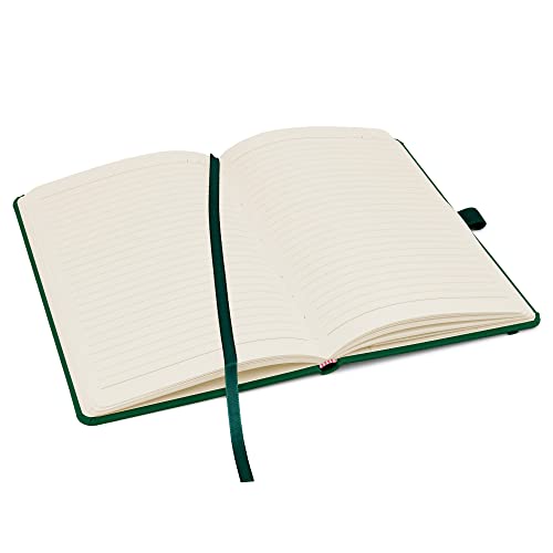 Notes London Eco A5 Notebook with Lined Pages, Pen Loop, Ribbon, Date Marks and Paper Pocket, Medium Hardback Journal, Note, sustainably sourced paper (Green)