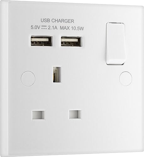 BG Electrical Single Switched 13 A Fast Charging Power Socket with Two USB Charging Ports, 2.1 A, 5 V, 10.5 W, Square Edge, White