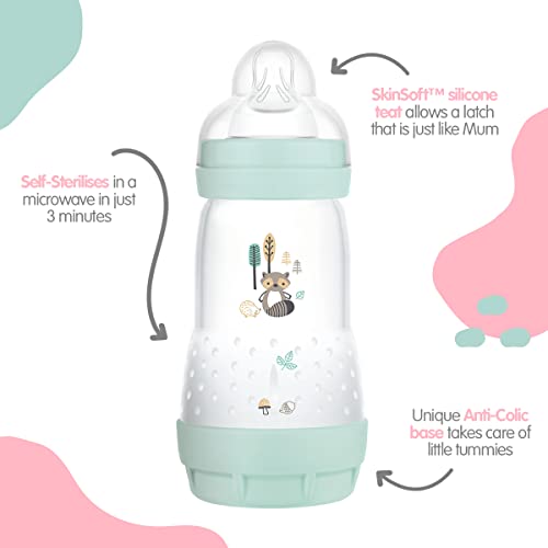 MAM Easy Start Self Sterilising Anti-Colic Baby Bottle Pack of 3 (3 x 260 ml), Anti-Colic Bottle with Medium Flow MAM Teats Size 2, Newborn Essentials, Blue (Designs May Vary)