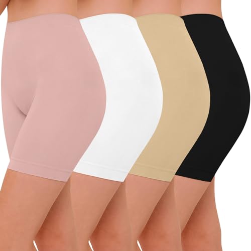 AURUZA 4pcs Anti Chafing Shorts Women, Seamless Slip Shorts Comfortable Chub Rub Underwear for Dresses Skirts Running Cycling Walking Yoga Everyday Wear (Black Nude White Pink, L)