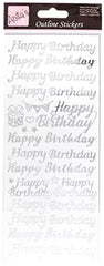 Anitas Outline Stickers, Happy Birthday, Silver on White, For Scrapbooking, Card Making, Kids Play, Homework, Art, Craft, Embelish, Decorative, Paper, Card, Glass, Metal, Plastic, Foam