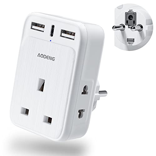 UK to European Plug Adaptor with 3 USB Ports(1 20W USB C Ports) and 2 Shaver Adapter Plug for Universal Shaver/Toothbrush, European Plug Adapter for Germany Spain Greece Iceland Poland etc (Type E/F)