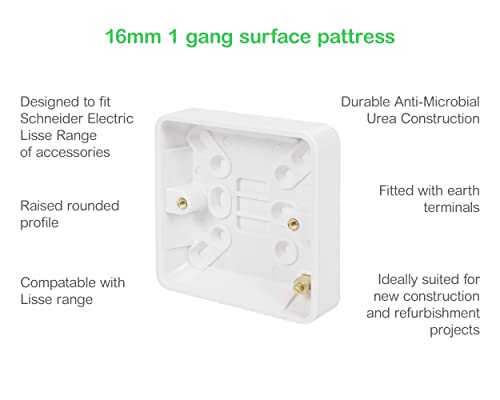 Schneider Electric Lisse White Moulded - Single Surface Pattress Box, 16 mm Deep, GGBL9116S, White