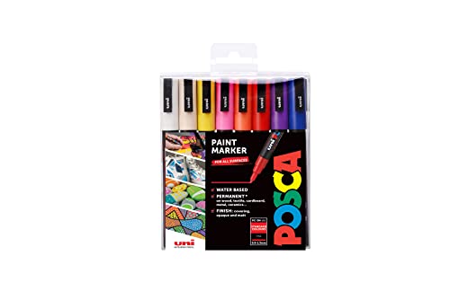 POSCA PC-3M Water Based Permanent Marker Paint Pens. Fine Tip for Art & Crafts. Multi Surface Use on Wood Metal Paper Canvas Cardboard Glass Fabric Ceramic Rock Stone Pebble Porcelain. Set of 16