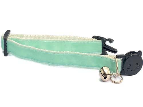 Velvet Cat Collars with Bell   Quick Safety Release Breakaway Buckle   Handmade in the UK   Available in Cat & Kitten Size   Mint Green Velvet