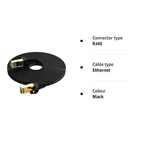 Cat7 Ethernet Cable 5m,High-Speed Patch Cable RJ45 Connector,Flat CAT 7 Lan Network Cords 600Mhz/s UTP for Console PS3 PS4 PS5 Switch Router Modem Patch Panel PC TV Home Office-Black-with Cable Clips