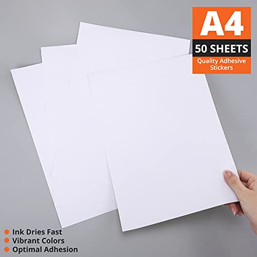 PEPRA Sticker Paper for Printer A4 - Pack of 50 Matte Sticker Printer Paper for Photos, Drawing, Arts & Crafts - Self Adhesive Address Label Paper for Inkjet & Laser Printer - White