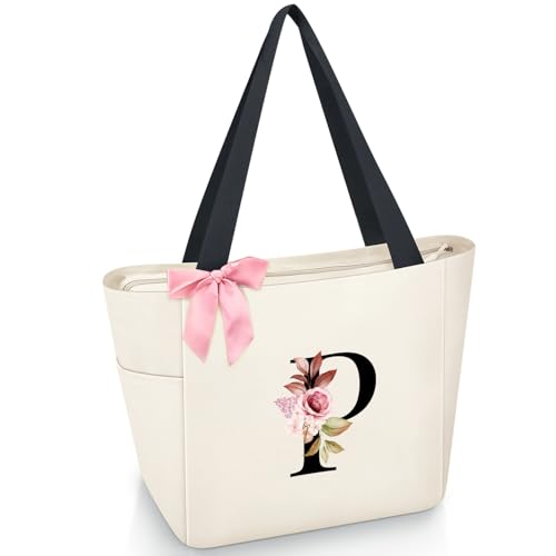 Vavabox A-Z Initial Personalized Tote Bag,Waterproof Gifts for Women, Bridesmaids,Mom,Teachers,Friends (P, Beige)