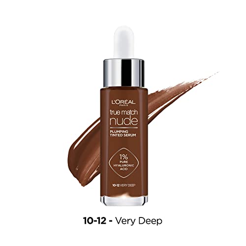 L'Oreal Paris True Match Nude Plumping Tinted Serum, 1% Hyaluronic Acid, Instantly Evens, Brightens, and Hydrates Skin, Shade 10-12, Very Deep