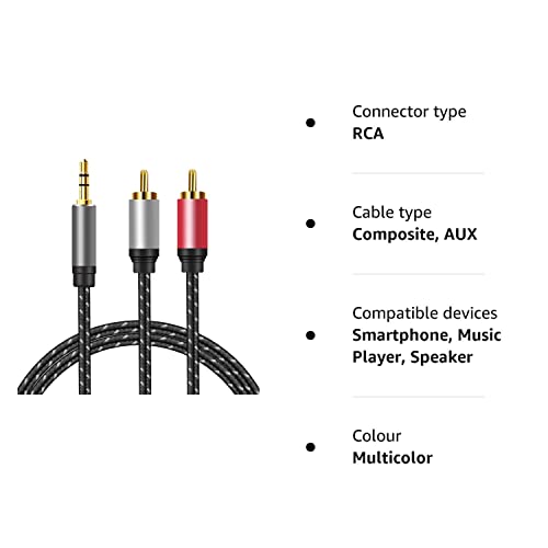 ShinKey AUX RCA Cable 1M, 3.5mm to 2-Male RCA Audio Auxiliary Adapter Stereo Splitter Cable Dual Shielded Gold-Plated Nylon-Braided Breakout Cord for Smartphone, Speakers, Tablet, MP3 Player (1M)