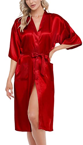 Lovasy Kimono Dressing Gowns Satin Kimono Robe Silk Dressing Gown for Women UK Long Silk Bride and Bridesmaid Robes,Red,M