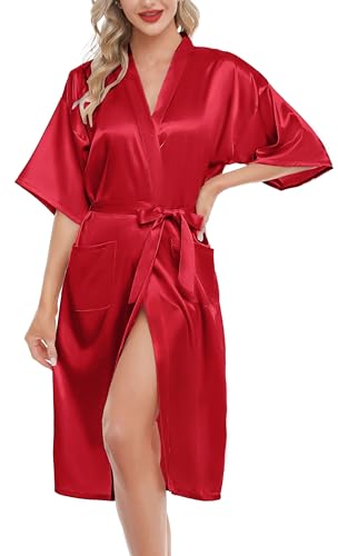 Lovasy Kimono Dressing Gowns Satin Kimono Robe Silk Dressing Gown for Women UK Long Silk Bride and Bridesmaid Robes,Red,L