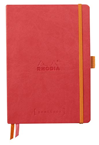 RHODIA 117810C - Soft Notebook Bullet Journal Goalbook Coral - A5 - Dotted Dot - 240 pages - 90g Ivory Clairefontaine Paper - 2 Ribbons, Elastic Closure - Faux Leather Cover