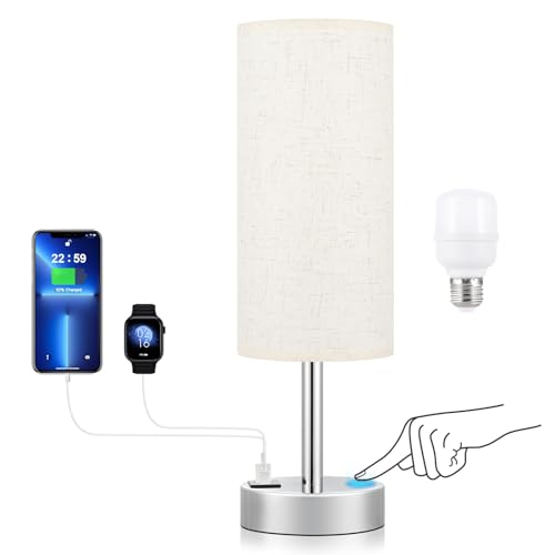 Bedside Lamps, Touch Lamps Bedside with USB-CandA Charging Ports, 3-Way Dimmable Table Lamp with White Linen Fabric Shade, Small Table Lamp for Bedroom Living Room (Bulb Included)