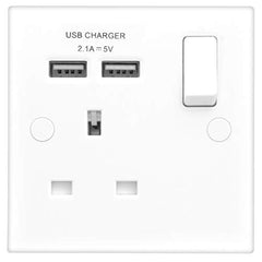 BG Electrical Single Switched 13 A Fast Charging Power Socket with Two USB Charging Ports, 2.1 A, 5 V, 10.5 W, Square Edge, White