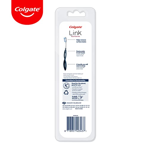 Colgate Link Manual Toothbrush Whitening Starter Kit Including 1 Premium Aluminium Handle & 2 Whitening Replacement Brush Heads Medium, Navy, Stain Removing Technology, 80% Less Plastic