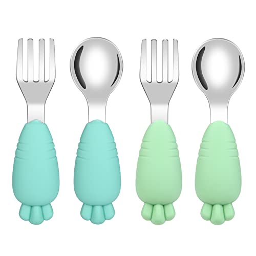 Vicloon Toddler Fork and Spoon, 4 Pcs Stainless Steel Baby Utensils Cutlery Set, Toddler Utensils Spoons Forks Self Feeding Learning Spoons, Children Flatware Weaning and Learning to Use