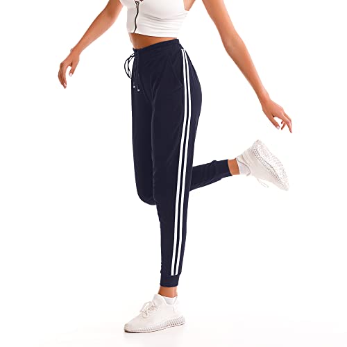 Stanpetix Joggers for Women - Womens Sweatpants with Pockets Sport Pants Black Trousers for Women UK（Navy with White Strip,L