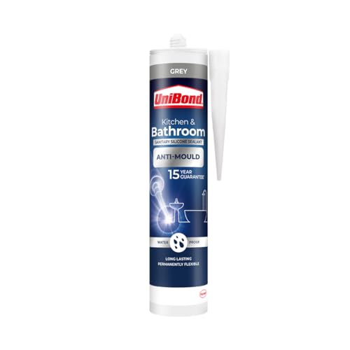 UniBond Anti Mould Silicone Sealant For Kitchen & Bathrooms, Grey Silicone Sealant Waterproof, Repels, Kills and Prevents Mould Growth, Long-Lasting Shower Sealant, 1 x 274g Cartridge