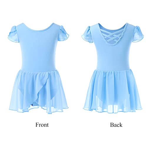 Monbessi Ballet Leotard for Girls Short Sleeve Cross Straps Ballet Dress Kids Cotton Ballet Outfit Gymnastics Leotard with Chiffon Skirt Suit for 2-11 Years (150 (140-150cm,9-11 Years), Blue)