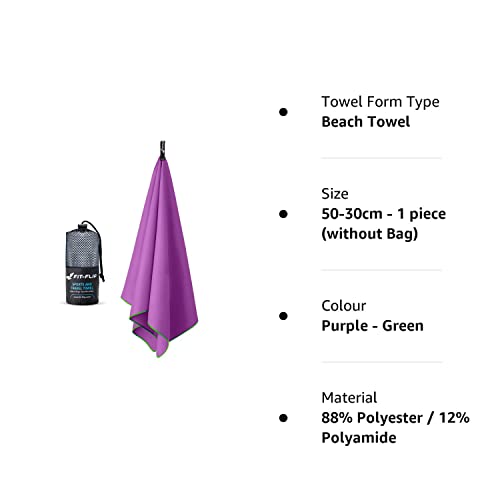 Fit-Flip Swimming towel - fast drying microfibre beach towel - ultra absorbent thin towels for travel, beach & gym - lightweight camping towel (30x50cm purple-green - without bag)