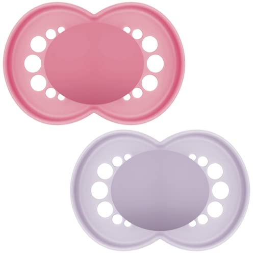 MAM Original Pure Soother 16and Months (Set of 2), Baby Soother Made from Sustainable and Bio-Renewable Material, SkinSoft Silicone Teat, with MAM Soother Case, Pink/Purple (Designs May Vary)