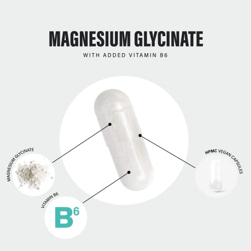 Magnesium Glycinate Supplements & Vitamin B6 - 120 High Strength Capsules - 1500mg of Magnesium Providing 315mg Elemental Magnesium (Bisglycinate) - Pure Active Ingredient