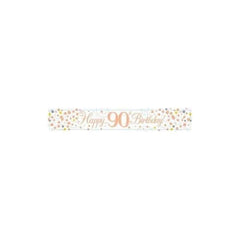 9ft Banner Sparkling Fizz 90th Birthday White & Rose Gold Holographic