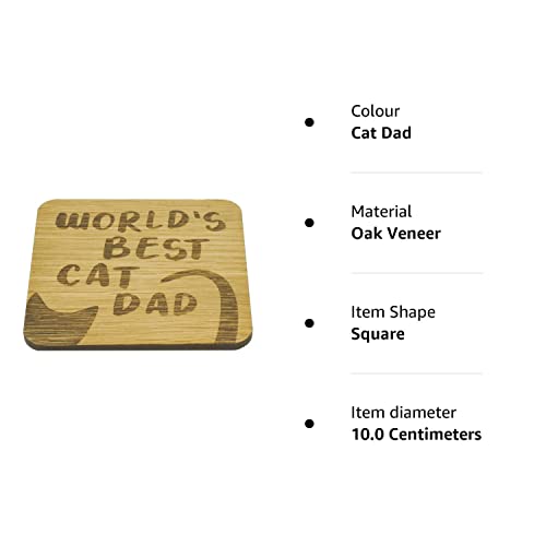 World’s Best Cat Dad Oak Veneer Coaster. Cute Kitty Coaster. Gift for Cat Father. Cat Dad Present. 9.7cm x 9.7cm Drinks Mat