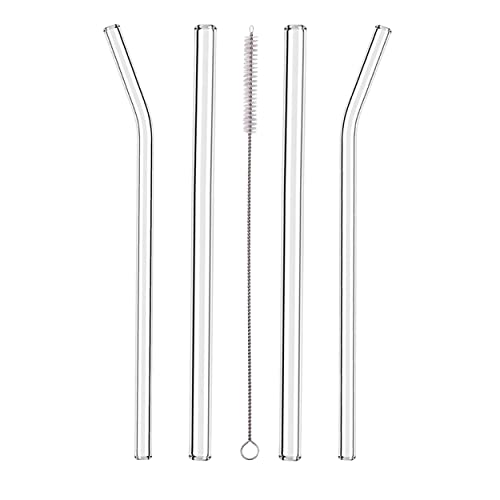 WZ Glass Straws- Clear Reusable Glass Straw- Durable Glass Straws Drinking for Smoothie Cocktail Milkshake Cold Drinks (Pack of 2 Straight 2 Bent Drinking Straws and 1 Straw Cleaner)