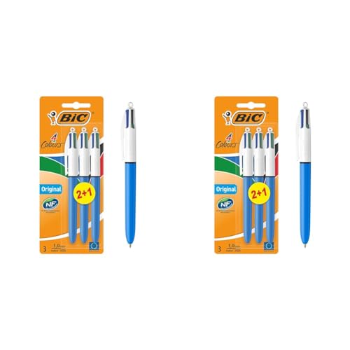 Bic 4 Colours Original Pens, Multi Coloured Pens All In One, Biro Pens, Medium 1.0mm, Green, Blue, Red, Black, 3 Pens Per Pack, 2 Pack