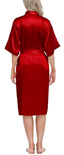 Lovasy Kimono Dressing Gowns Satin Kimono Robe Silk Dressing Gown for Women UK Long Silk Bride and Bridesmaid Robes,Red,M