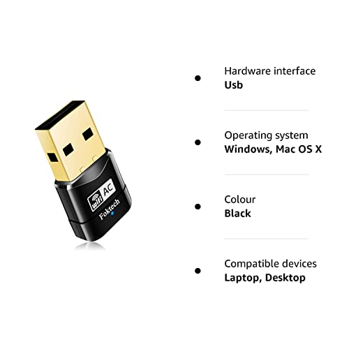 Foktech Wifi Dongle, AC600 802.11ac Dual Band 5GHz Mini Wireless Network USB Wifi Adapter for PC Desktop Laptop, Support Windows 11/10/8/7/Vista/XP, Mac Os X 10.9-10.15