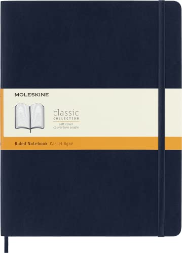 Moleskine - Classic Ruled Paper Notebook - Soft Cover and Elastic Closure Journal - Color Sapphire Blue - Size Extra Large 19 x 25 A4 - 192 Pages