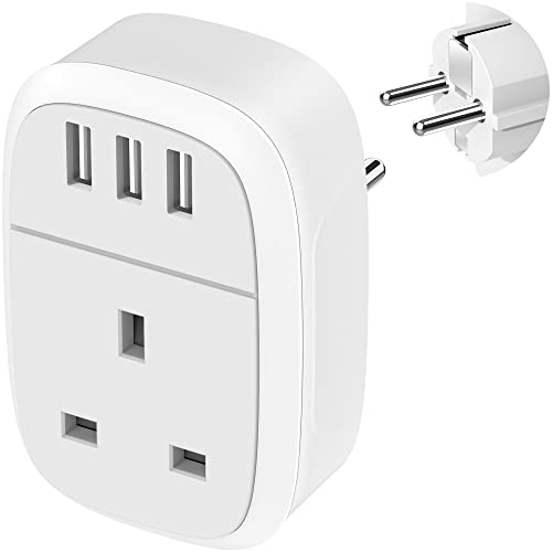 UK to European Adapter Plug with 3 USB Ports, EU Schuko Travel Euro Europe Grounded Charger for Germany France Spain Turkey Russia Iceland Greece Poland Portugal Austria Netherlands(Type E/F)