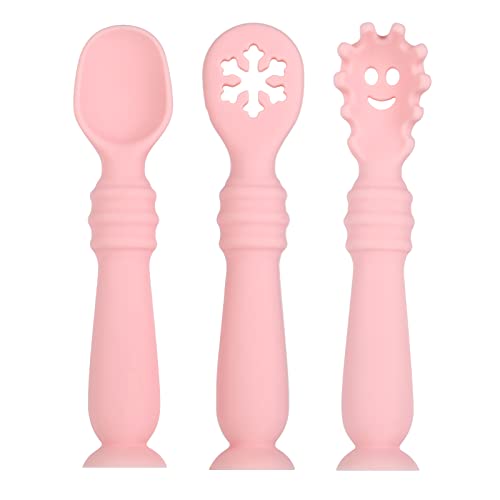 Vicloon Baby Fork and Spoon Set, 3Pcs Silicone Spoon Baby Weaning Spoon Set Self Feeding Utensil Easy Grip Toddler Cutlery Kit, Soft Baby Spoon for Infant Toddler Children First Led Training Weaning