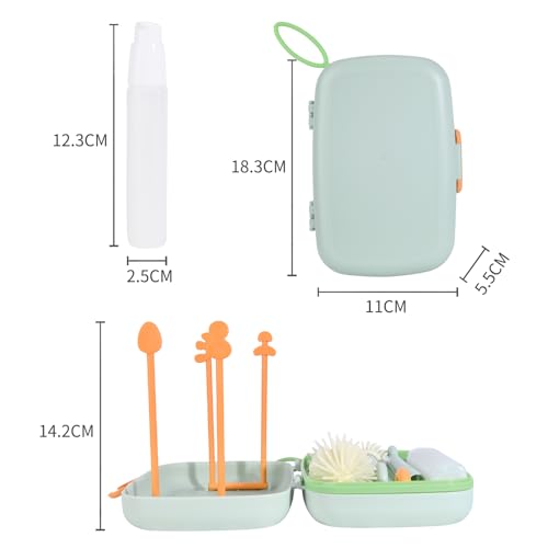 Bebamour Travel Baby Bottle Brushes for Cleaning 6 in 1 Portable Silicone Bottle Brush, Nipple Cleaner Brush, Straw Brush, Soap Dispenser and Bottle Drying Rack, Green