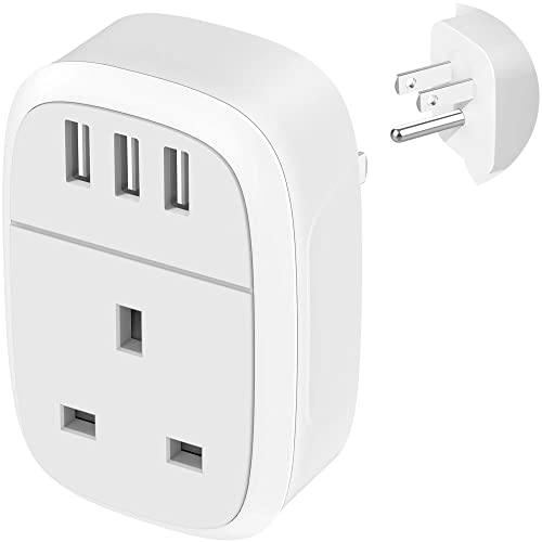 UK to US Adaptor Plug, USA Travel Adapter with 3 USB Ports, American Thailand Mexico Colombia Grounded Charger, Iroussa 4 in 1 Plug Adapter from UK to USA for iPhone, iPad, Android, Samsung (Type B)