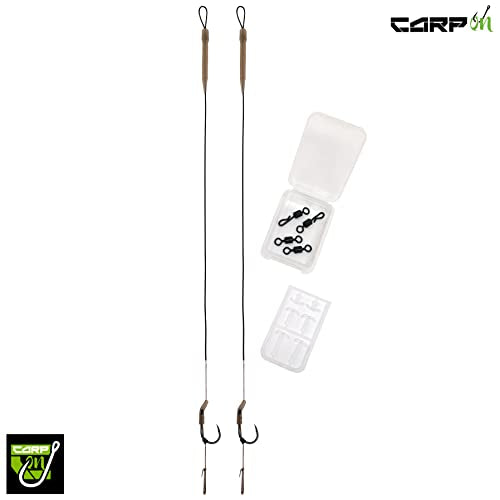 Carp On - 2 x WIDE GAPE READY RIGS Size 6 - Carbon Hooks / 25lb Camo Braid/Kickers Sleeves Tubes Swivels Extenders (Barbless, 2 Rigs - Size 6 Hook) [37-3901-6]