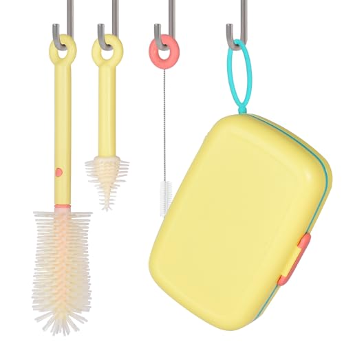 Bebamour Travel Baby Bottle Brushes for Cleaning 6 in 1 Portable Silicone Bottle Brush, Nipple Cleaner Brush, Straw Brush, Soap Dispenser and Bottle Drying Rack, Yellow