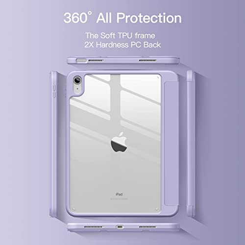 Vobafe for iPad 10th Generation Case 2022 with Apple Pencil Holder, PC Crystal Clear Back Soft TPU Cover Trifold Stand for iPad 10 (10.9 Inch), Auto Wake Up/Sleep, Lavender