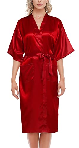 Lovasy Kimono Dressing Gowns Satin Kimono Robe Silk Dressing Gown for Women UK Long Silk Bride and Bridesmaid Robes,Red,M