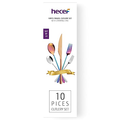 hecef 10 PCS Rainbow Cutlery Set with Compact Cloth Bag, Reusable Stainless Steel Utensils, Handy Flatware Set for Work, School, Camping, and Travel