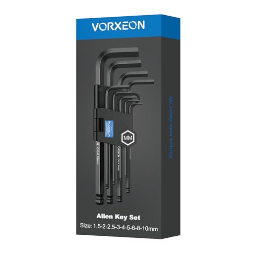 VORXEON 9PCS Allen Wrench Hex Key Set 1.5mm-10mm, Metric Long Ball End Allen Key Set L-Key with Visible Coding for Bike Motorcycle Repair Furniture Assembly Household DIY