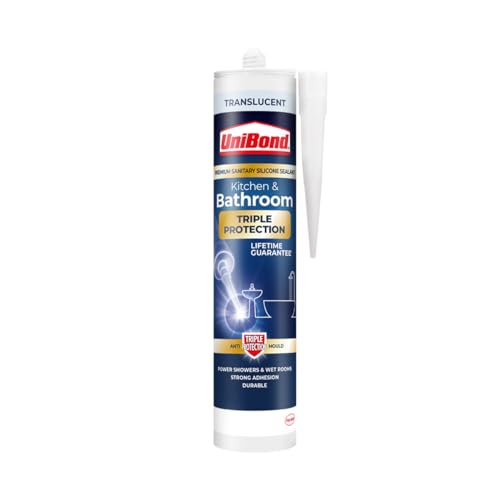 UniBond Triple Protection Stop Mould Silicone Sealant For Kitchens and Bathrooms, Clear Sealant, Repels, Kills and Prevents Mould Growth, Long-Lasting Shower Sealant, 1 x 291 g Cartridge