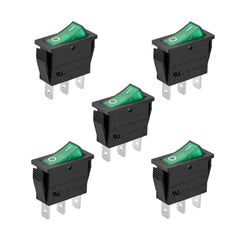 Heschen Rocker Switch, ON-OFF, SPST, 3 Terminals, Green Light, 16A 250VAC, 5Pack