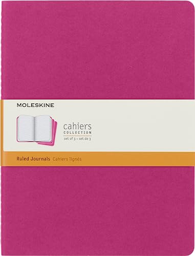 Moleskine Cahier Journal, Set 3 Notebooks with Ruled Pages, Cardboard Cover with Visible Cotton Stiching, Colour Kinetic Pink, Extra Large 19 x 25 cm, 120 Pages