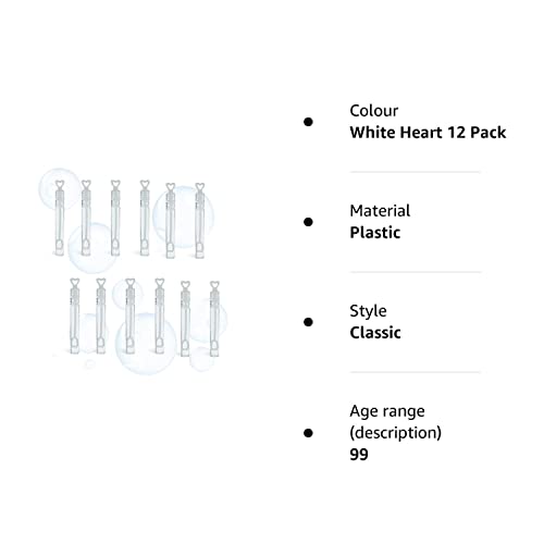 12 Mini Heart Bubble Tubes With 4ml Bubble Liquid Solution and Blow Wands, Weddings favours, Parties, Celebrations, Children’s Birthday Party Bag Fillers, Kids Toys (White Heart 12 Pack)